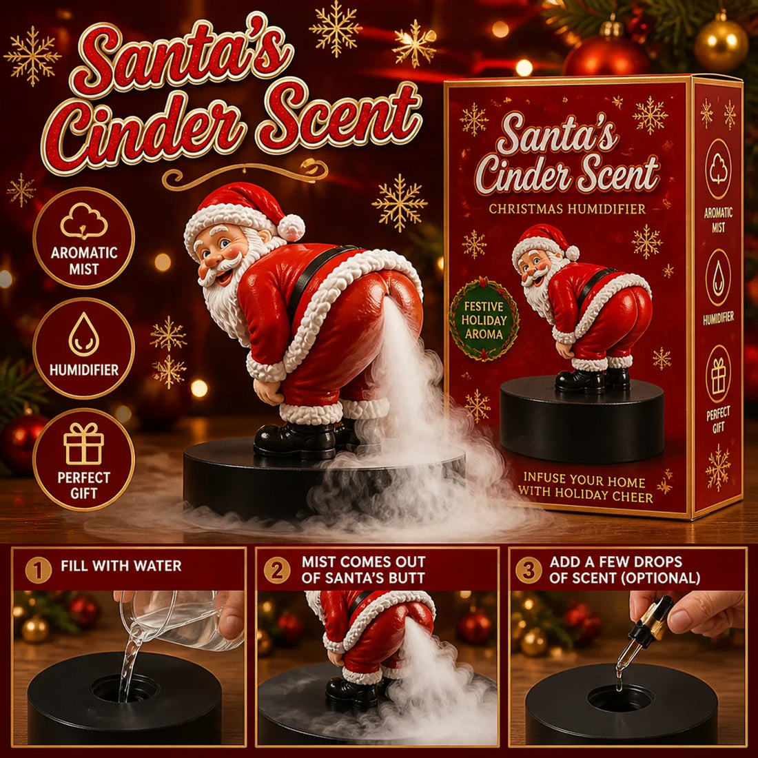 Santa novelty humidifier with mist, holiday packaging and filling instructions